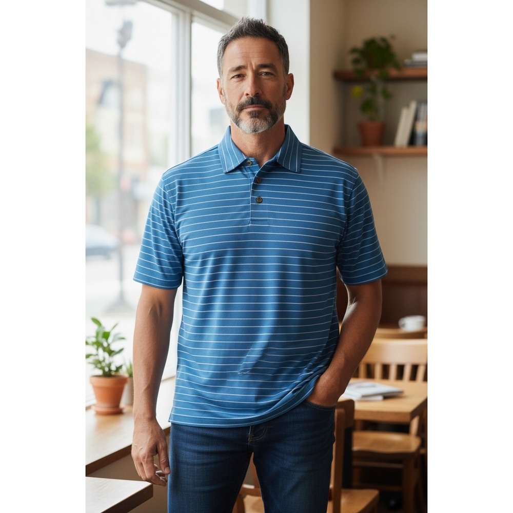 SAKMANN Golf Performance Polo Shirt‎ Blue White Stripe Pima Cotton Blend Men Lg.